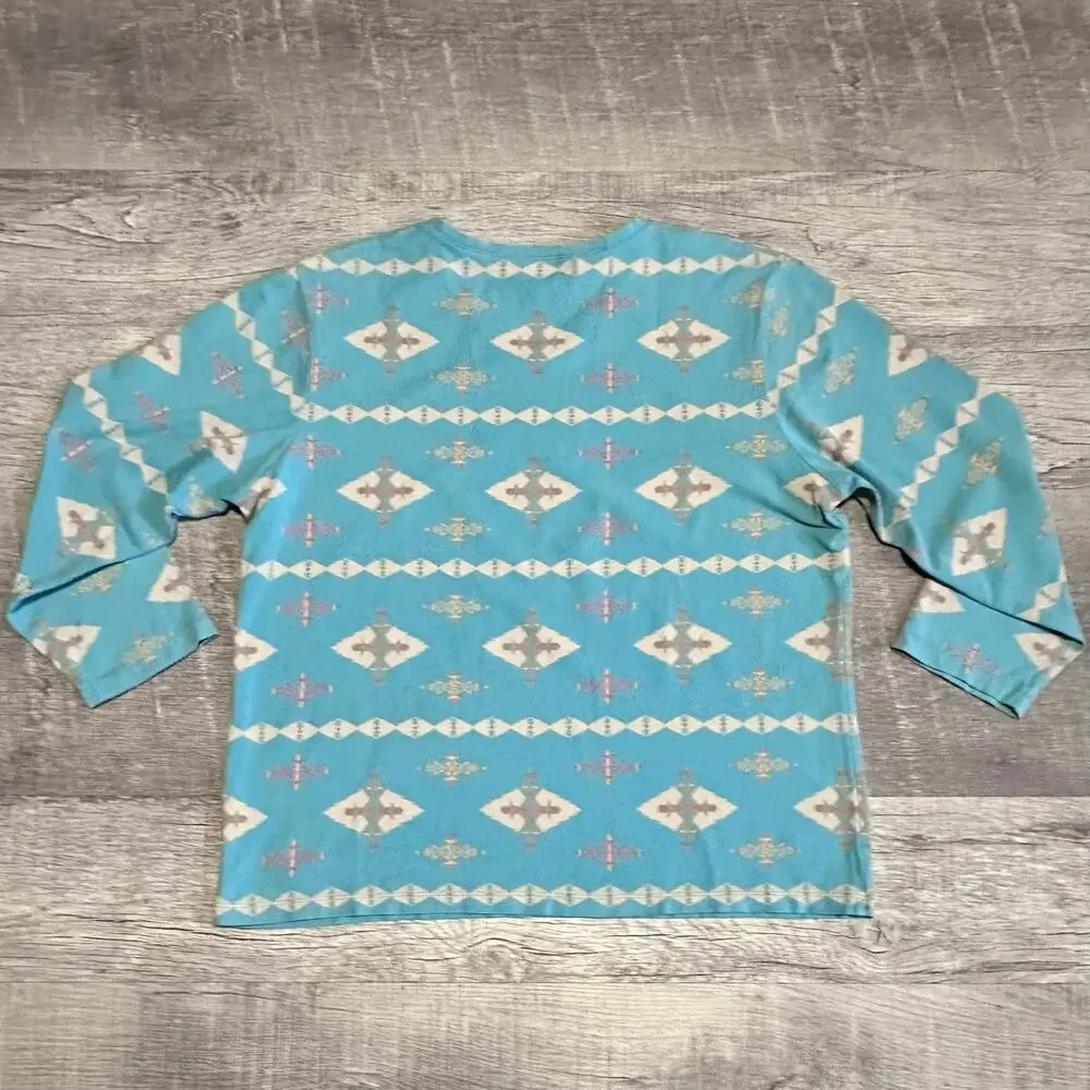 Pendleton Aztec Print V Neck Shirt Womens M 3/4 Sleeve Blue Teal Southwestern - Picture 5 of 6